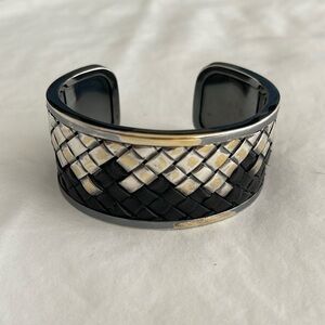 BOTTEGA VENETA Silver and leather intrecciato cuff bracelet